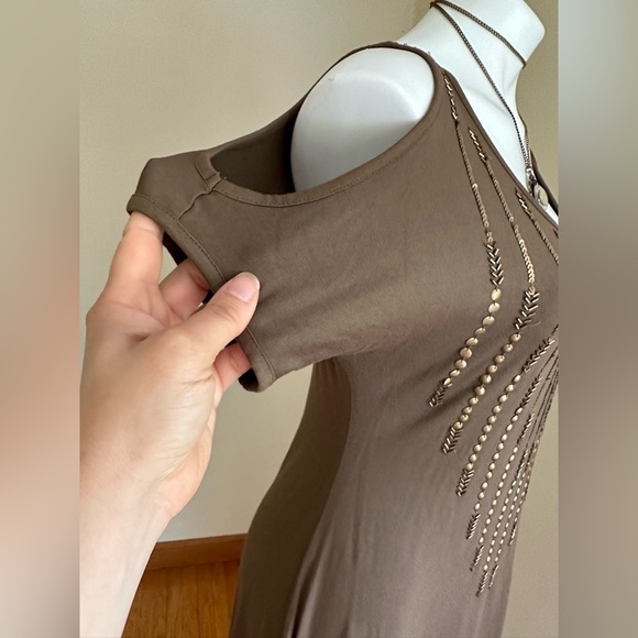 Charming Charlie NWT Olive Green Open Sleeves For Shoulders  Gold beading SZ S - Picture 4 of 12